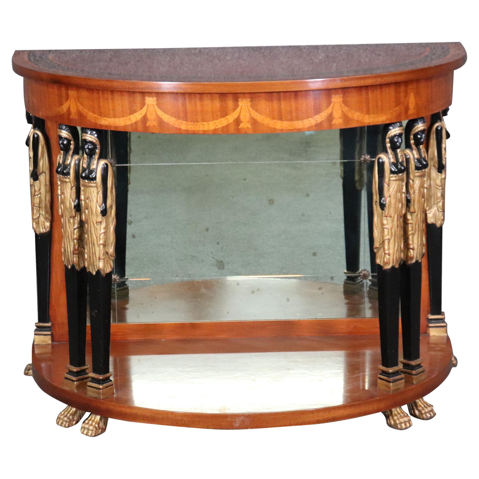 Francesco Molon Italian Egyptian Revival Figural Inlaid Satinwood Console Table For Sale