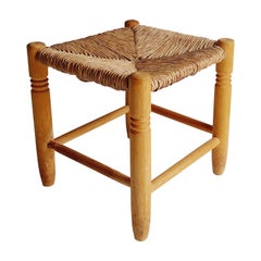 Vintage Mid Century Scandinavian Rustic Wood And Straw Stool Charlotte Perriand Style 50