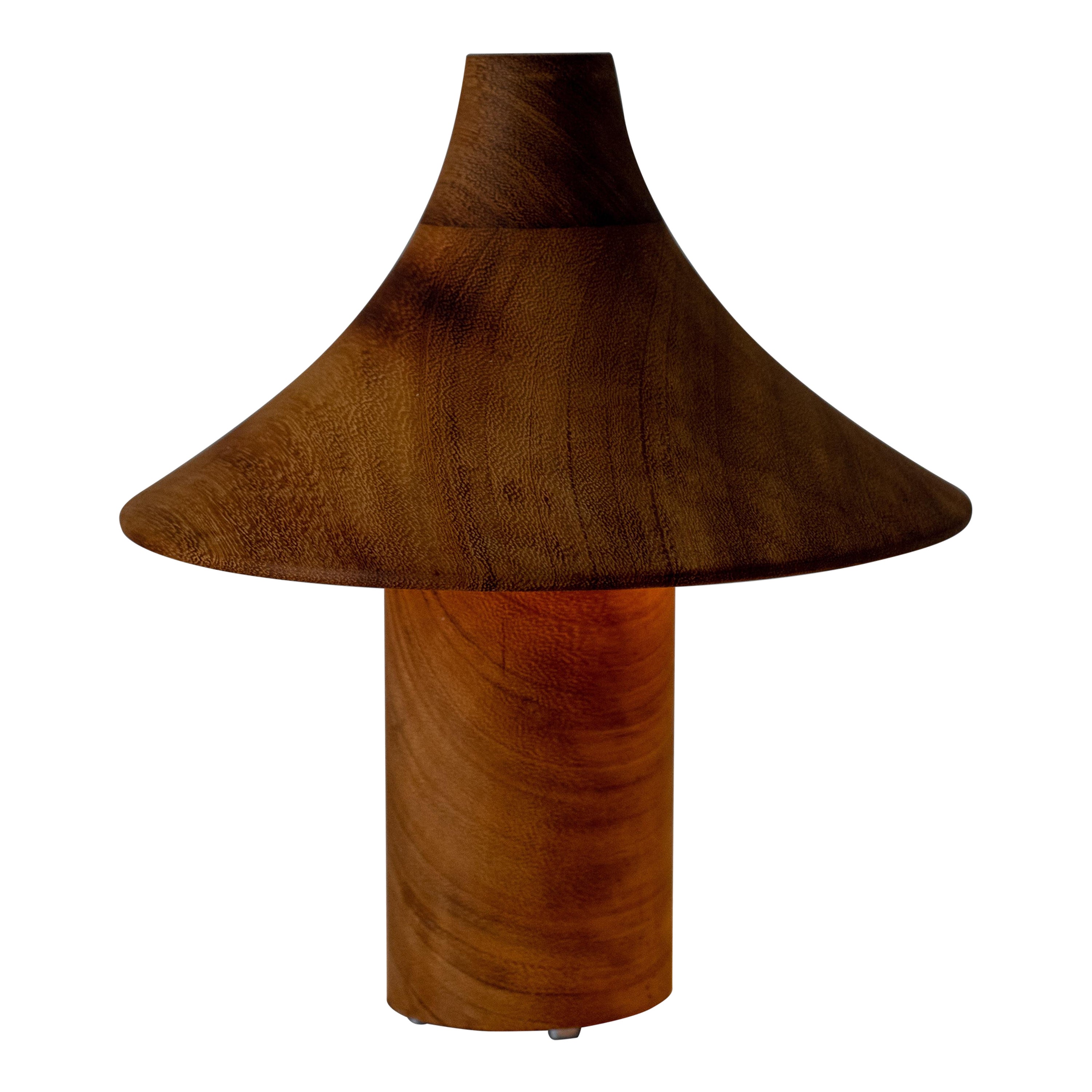 „Hat“-Lampe aus handgedrehtem Teakholz und Metallbeschlägen. im Angebot