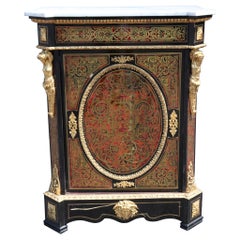 Superb Figural Signed Lexier Boulle Style Inlaid Brass Marble Top Side Cabinet 