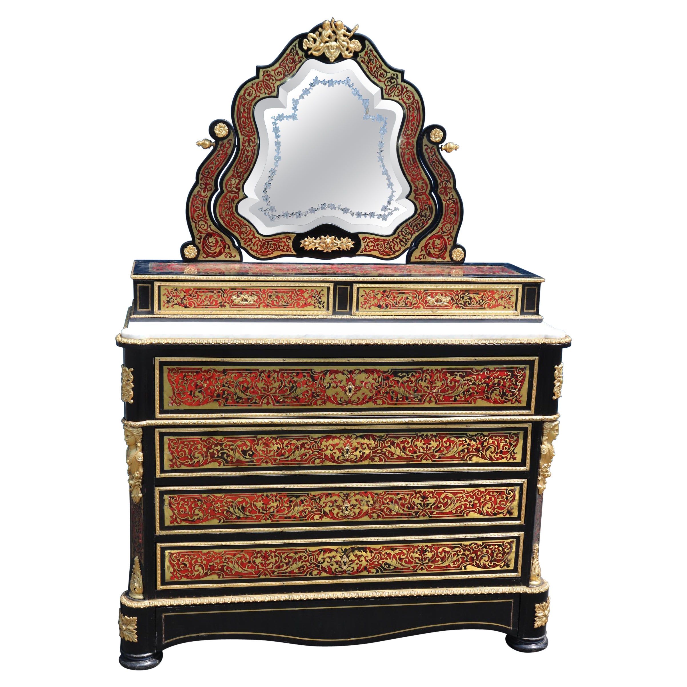 Superb Etched Mirror Brass Inlaid Marble Top Boulle Style Dresser Secretary Desk For Sale