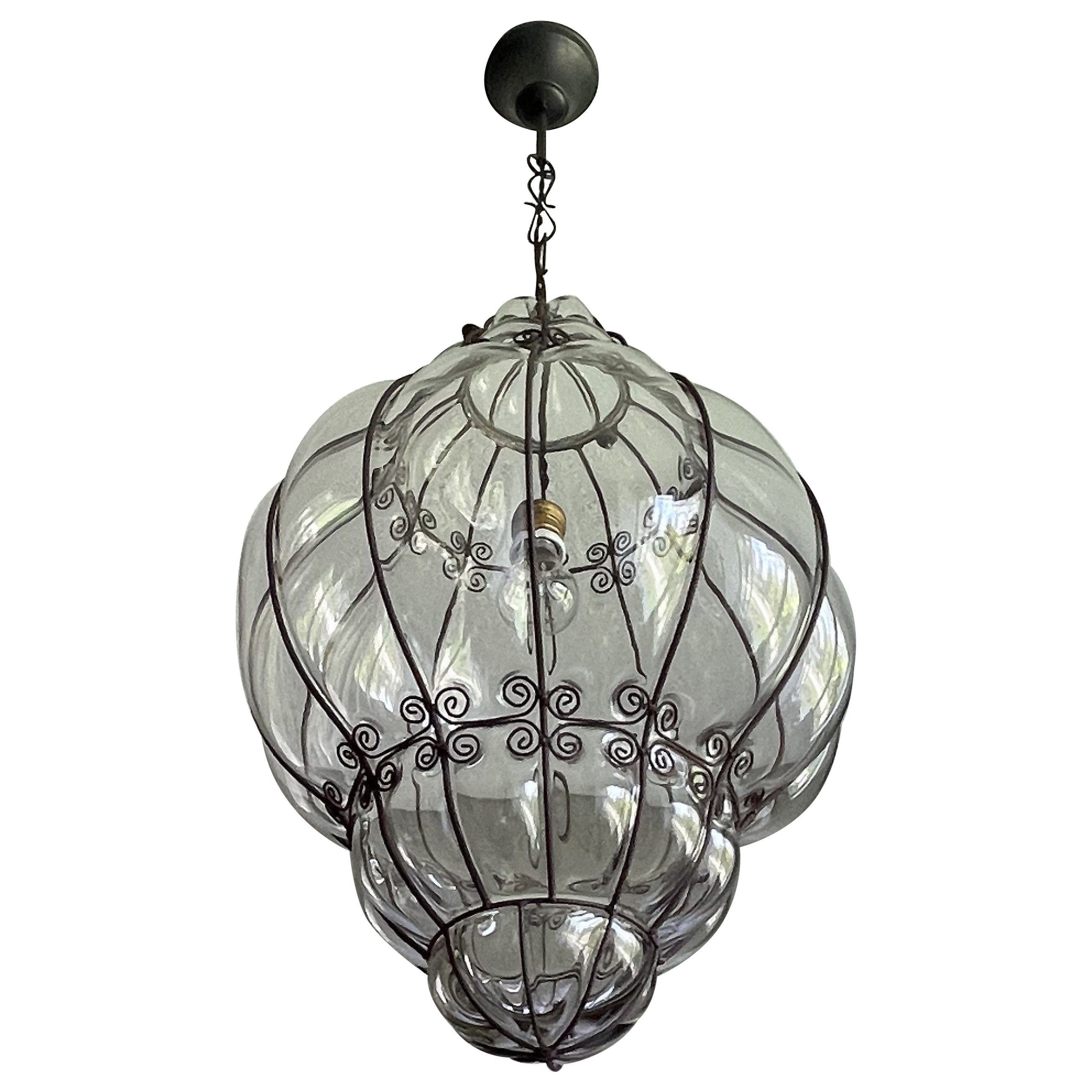 Largest Ever Pair of Mouth Blown Midcentury Venetian Murano Glass Pendant Lights For Sale