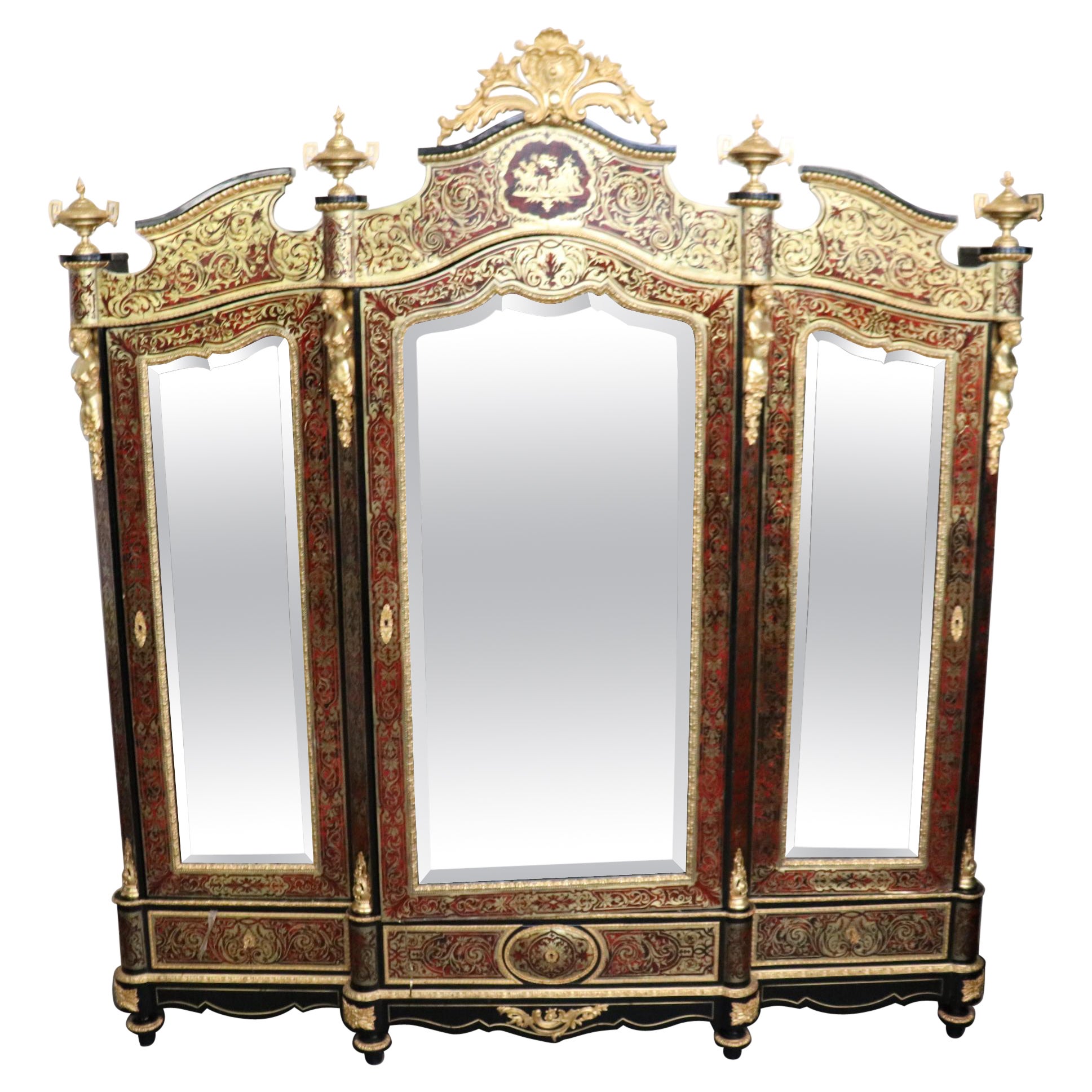 Monumental Brass Inlaid boulle Style Dor'e Figural Bronze Mirrored Armoire 