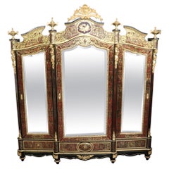 Monumental Brass Inlaid boulle Style Dor'e Figural Bronze Mirrored Armoire 