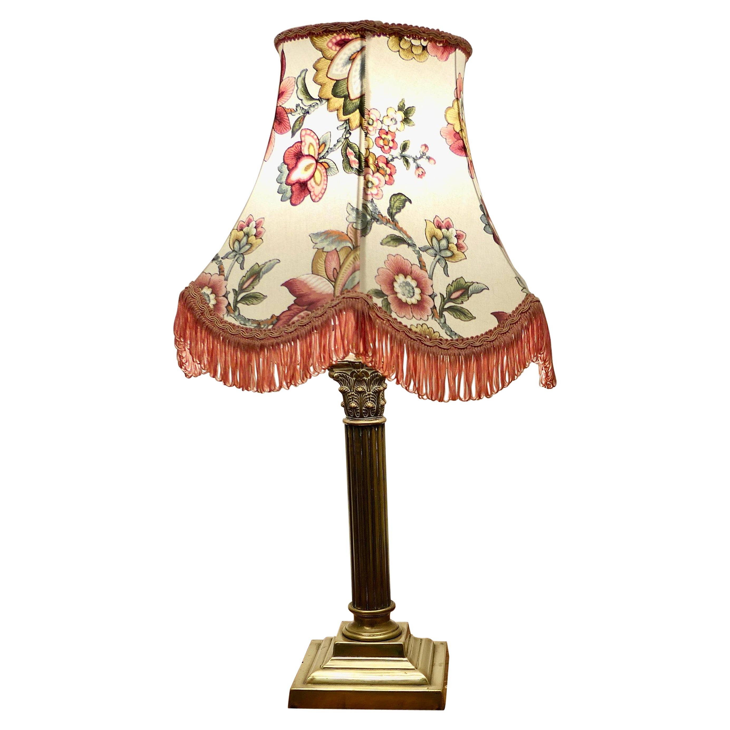 Corinthian Column Brass Table Lamp with Scalloped Linen Shade    For Sale