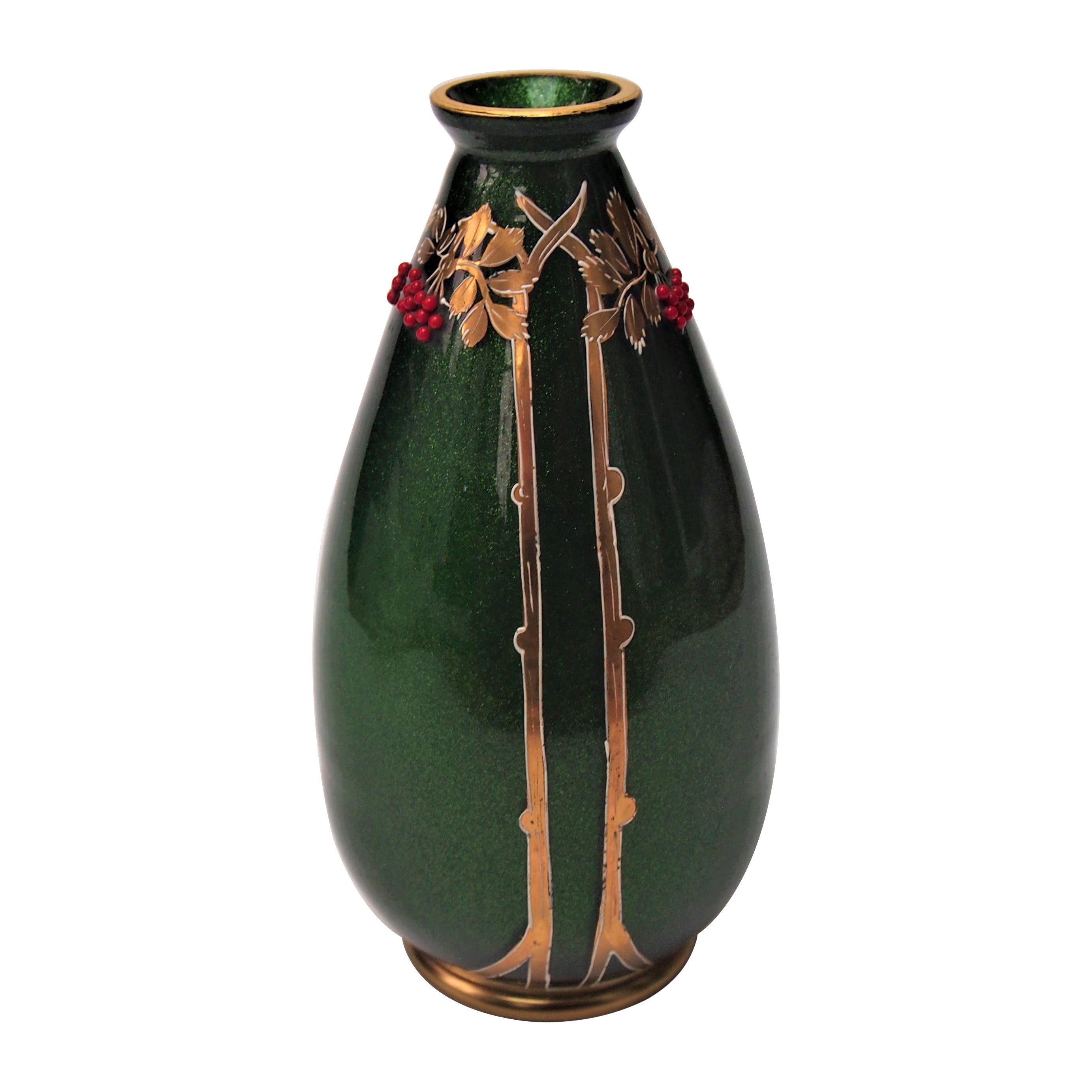 Josephine gilded and enamelled red beaded green aventurine glass vase -German