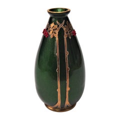 Josephine gilded and enamelled red beaded green aventurine glass vase -German