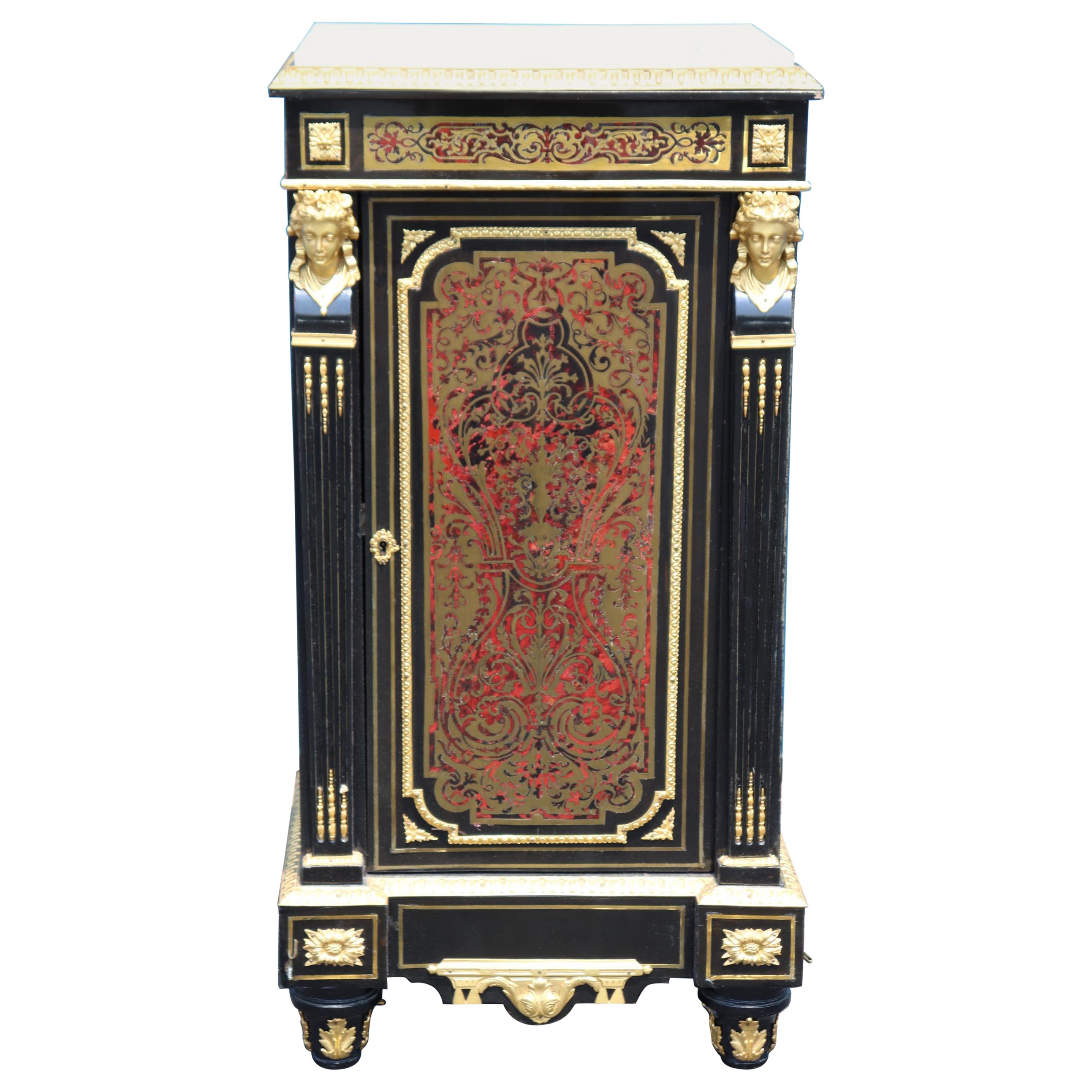 Figural Dor'e Bronze Brass Inlaid Ebonizied Marble Top Boulle Style Nightstand For Sale