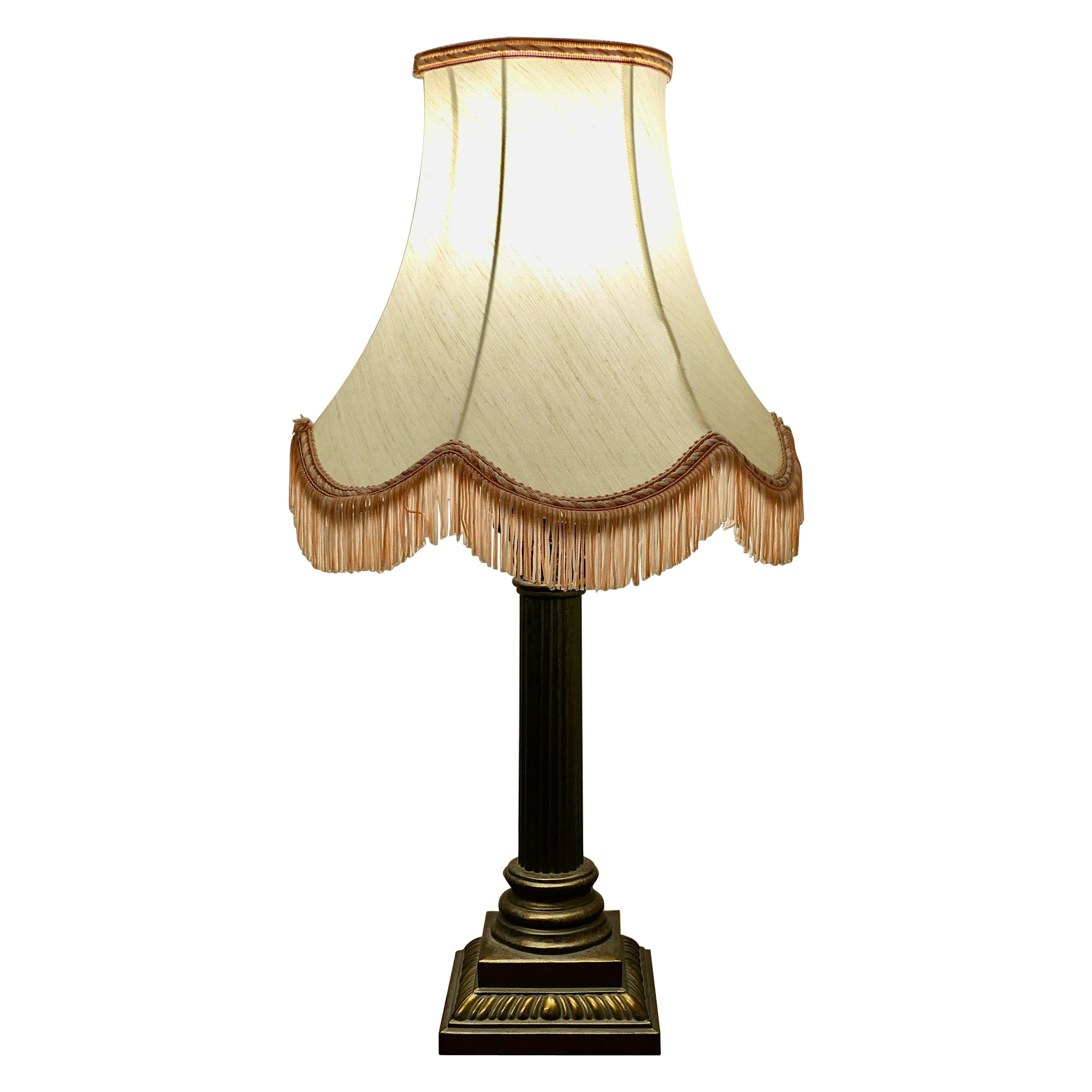 A Copper Effect Corinthian Column Table Lamp with Shade    For Sale