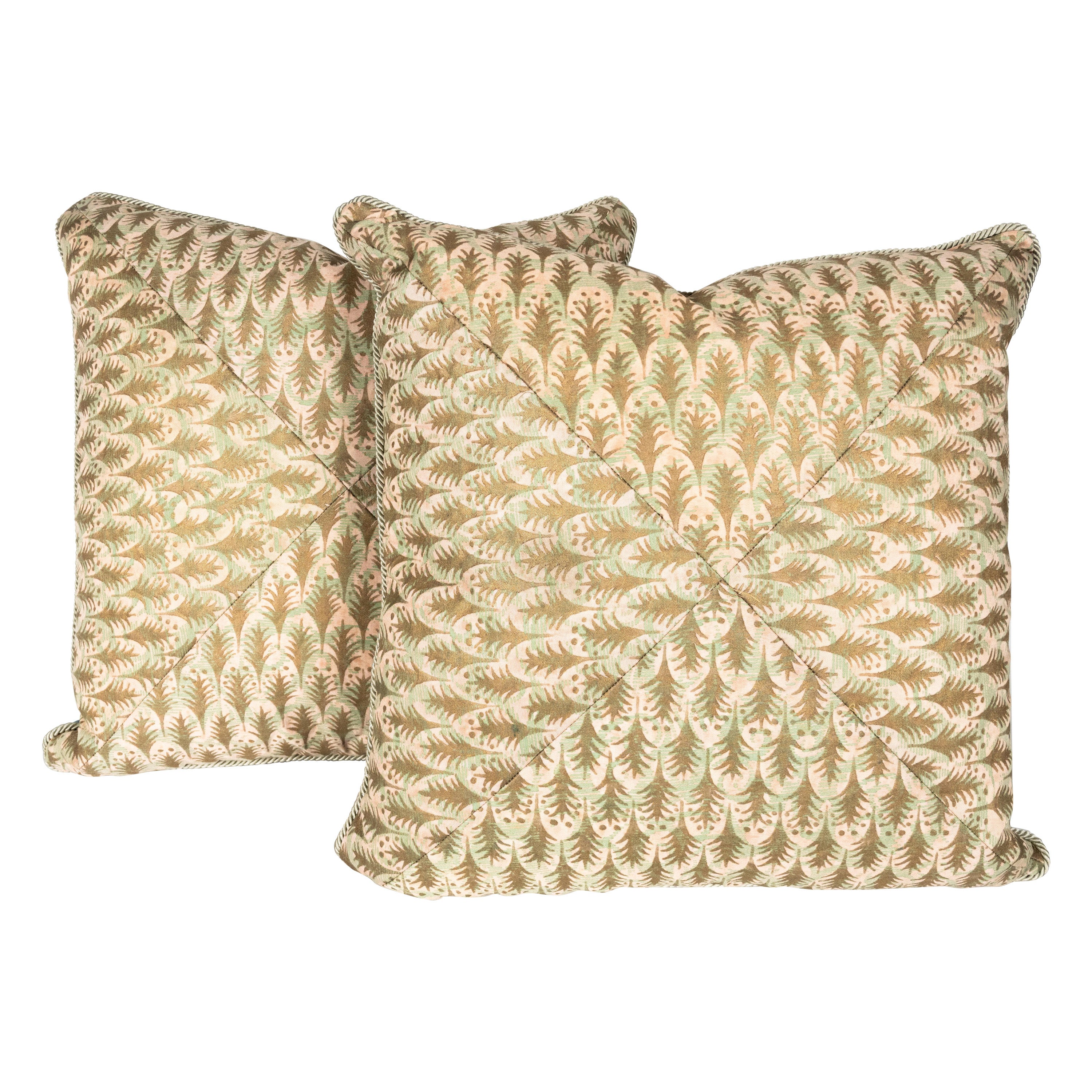 Pair of Mitered Fortuny Fabric Cushions in the Puimette Pattern For Sale