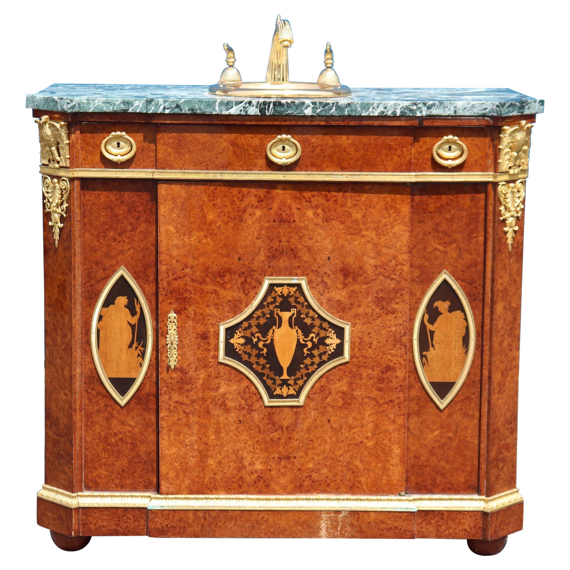 Converted Maison Krieger Attributed Marble Top Gilt Dor'e Bronze Sink Vanity For Sale