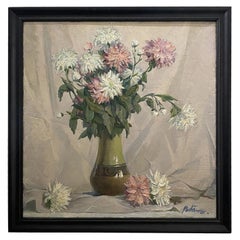 Vintage 20th Century Pink Russian Still Life Oil Painting with Flowers by Titov Y. V.