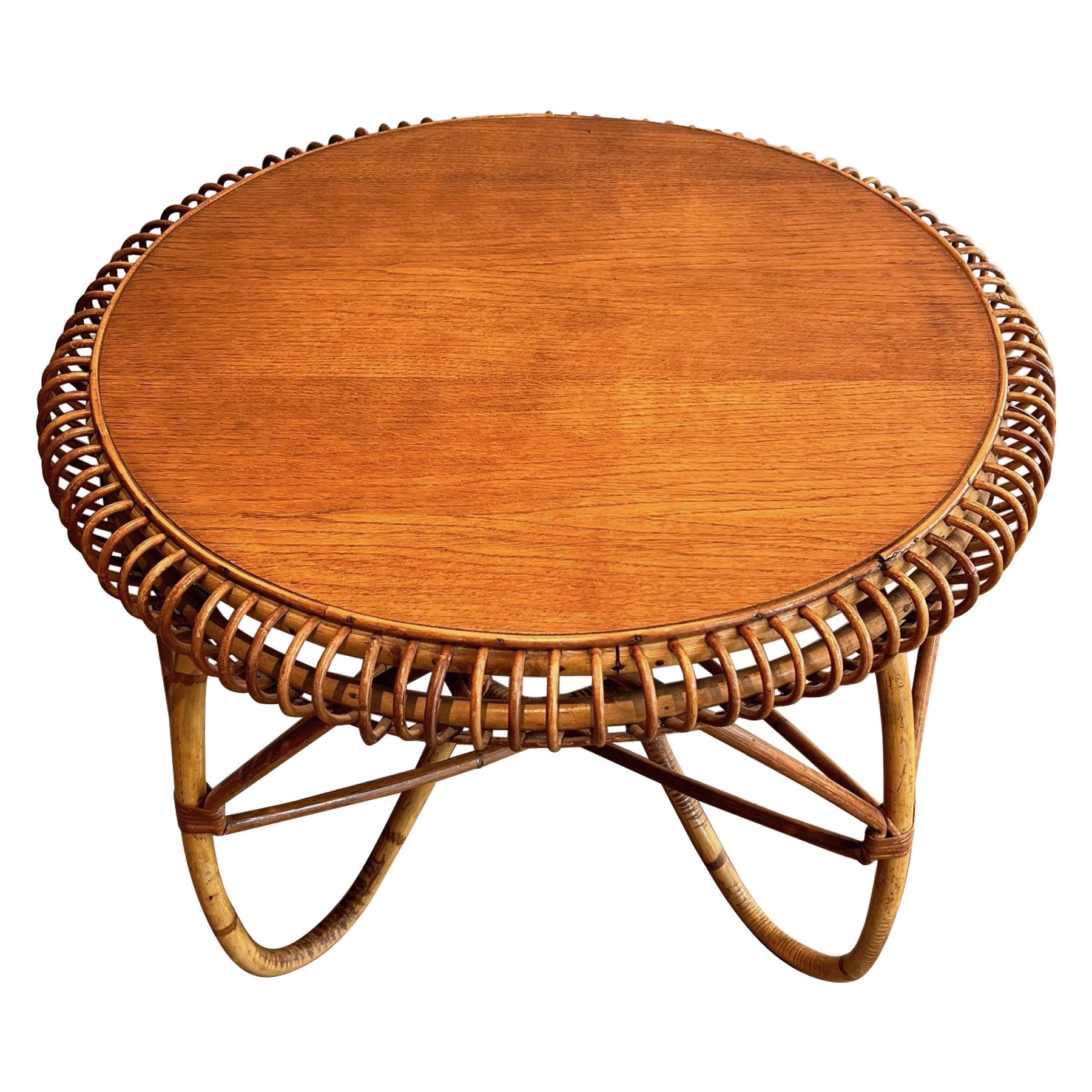 Round Rattan and Wood Coffee Table. Italian Work in the Style of Franco Albini For Sale