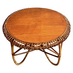 Round Rattan and Wood Coffee Table. Italian Work in the Style of Franco Albini