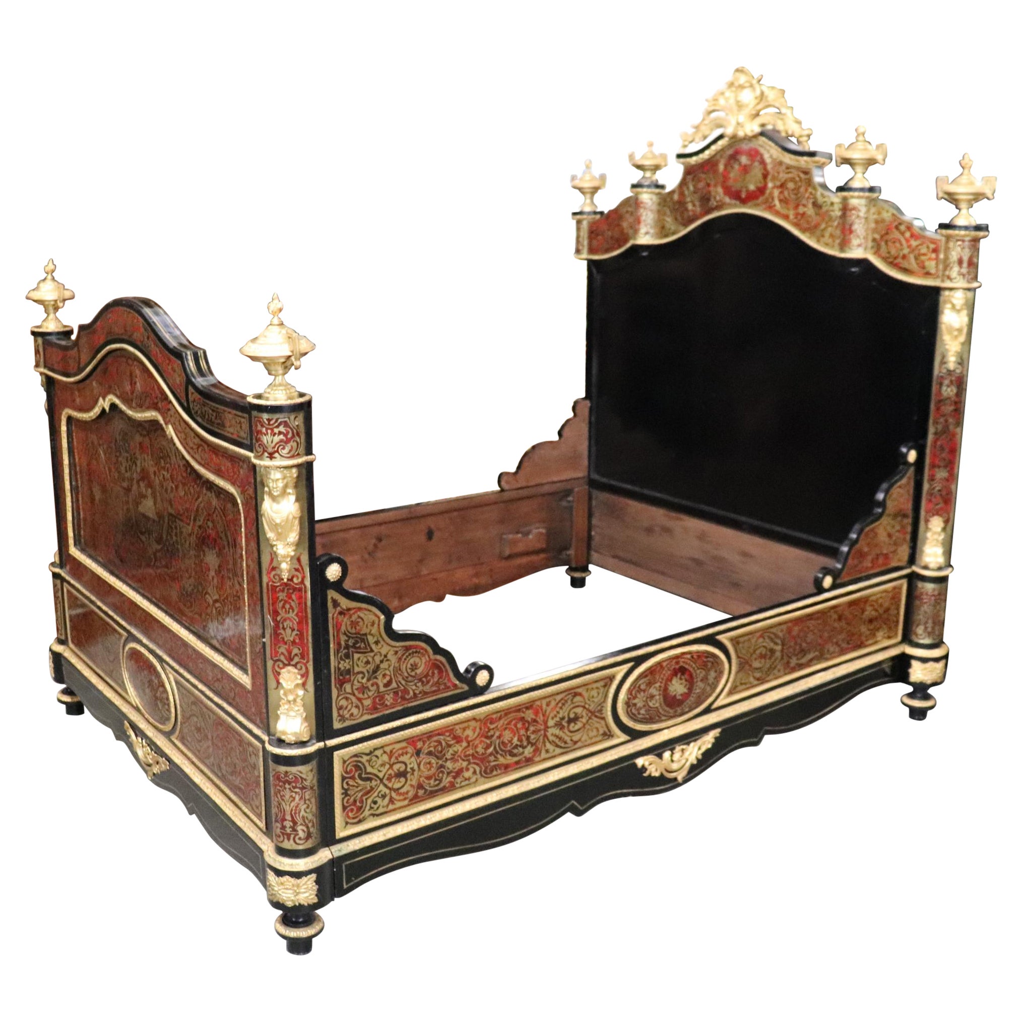 Brass Inlaid French Dor'e Figural Bronze Boulle Ebonized Near Queen Bed For Sale