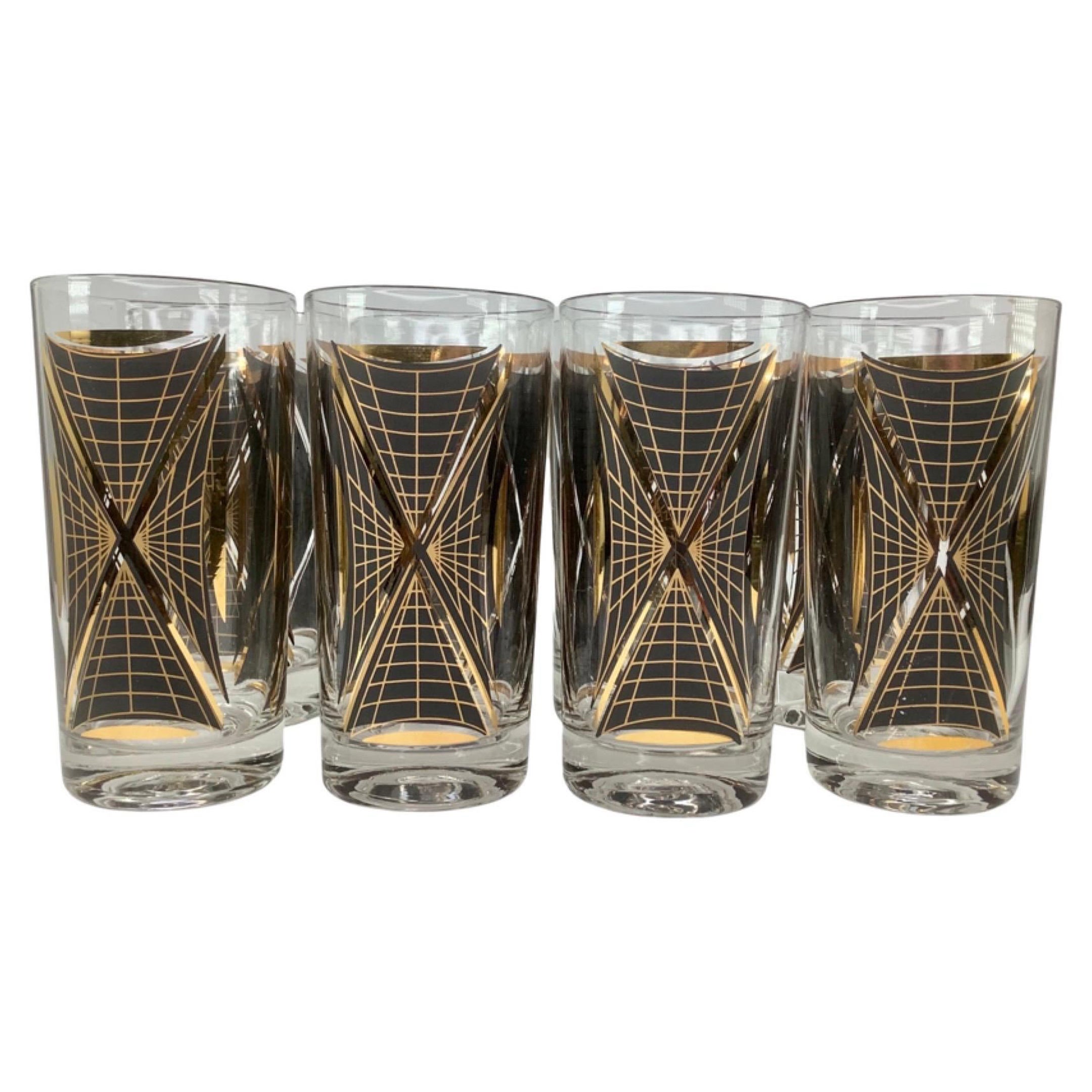 Set of 8 Vintage Federal Glass Atomic Black and Gold Highball Glasses For Sale