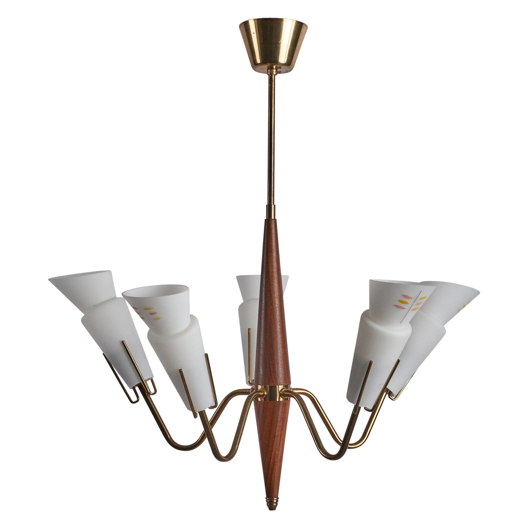 Swedish Designer, Chandelier, Brass, Glass, Teak, Sweden, 1950s