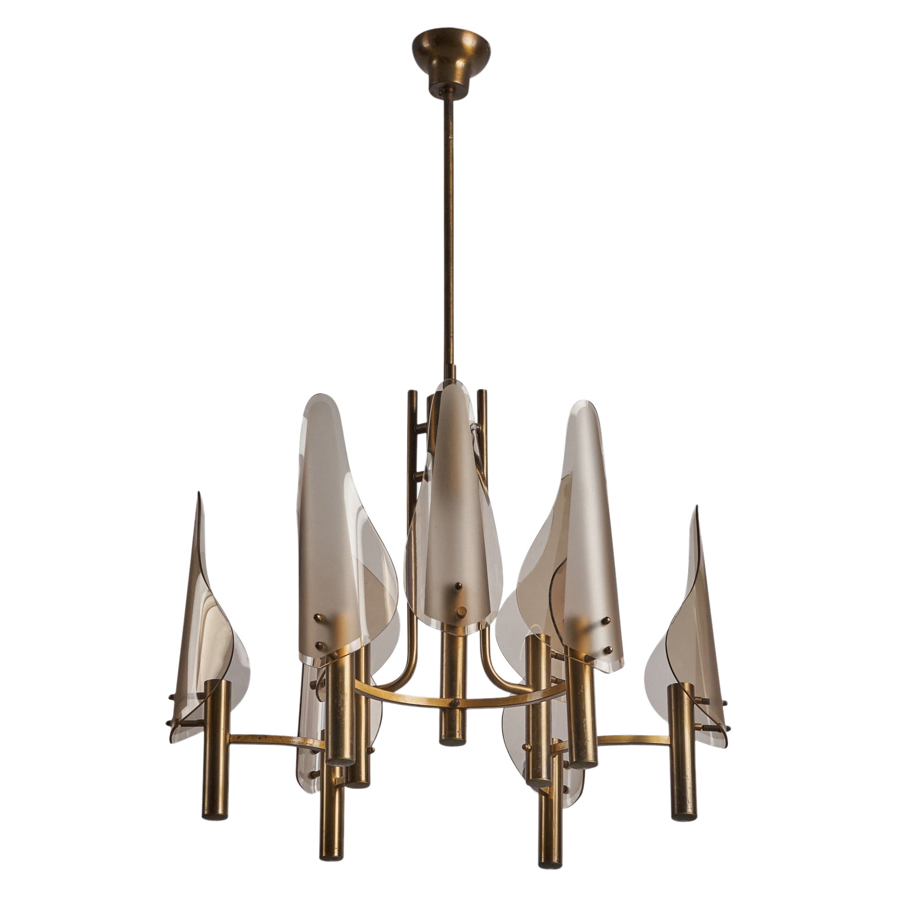 Italian Designer, Chandelier, Brass, Glass, Italy, 1960s