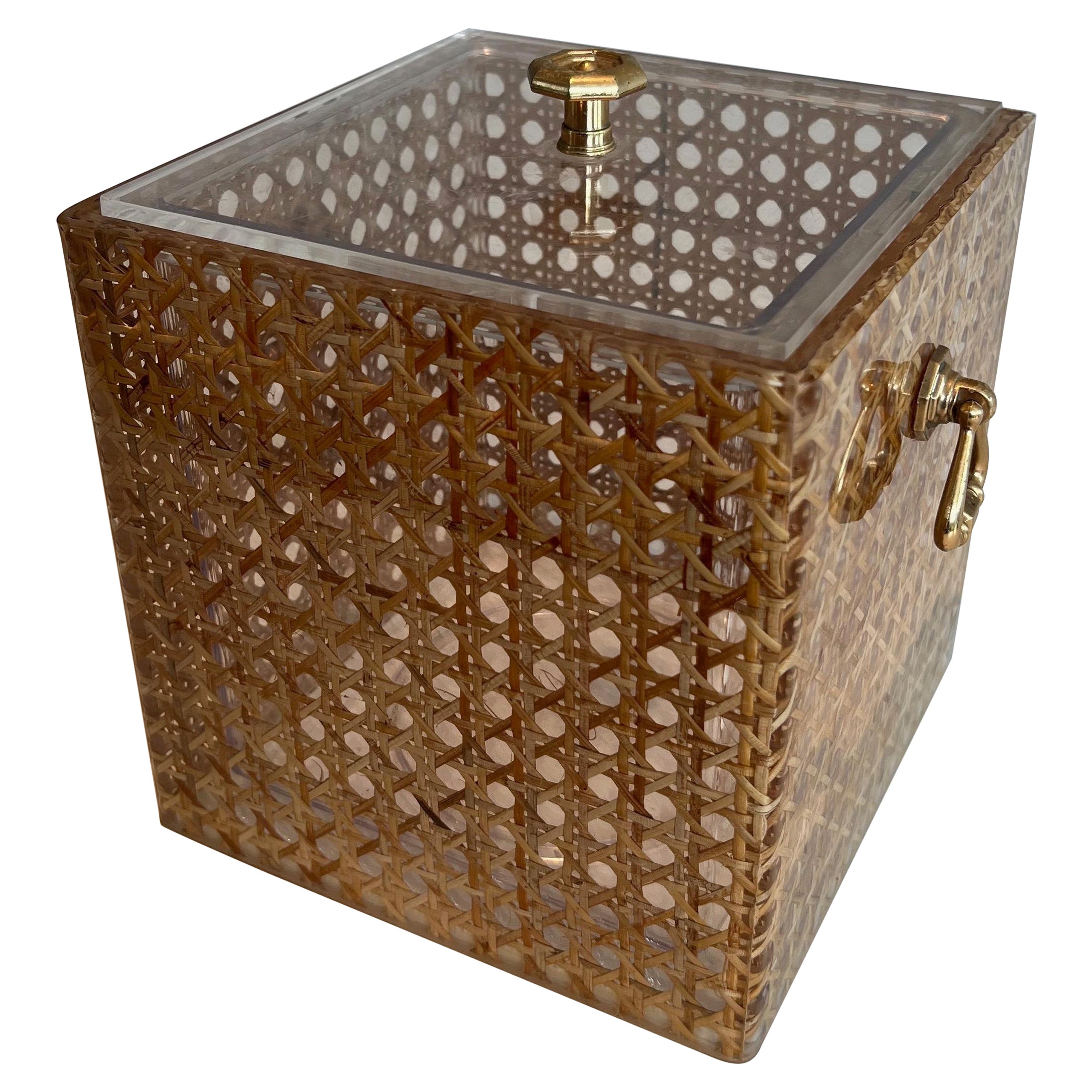 Lucite, Caned and Brass Ice Bucket. Italian work in the style of Christian Dior  For Sale