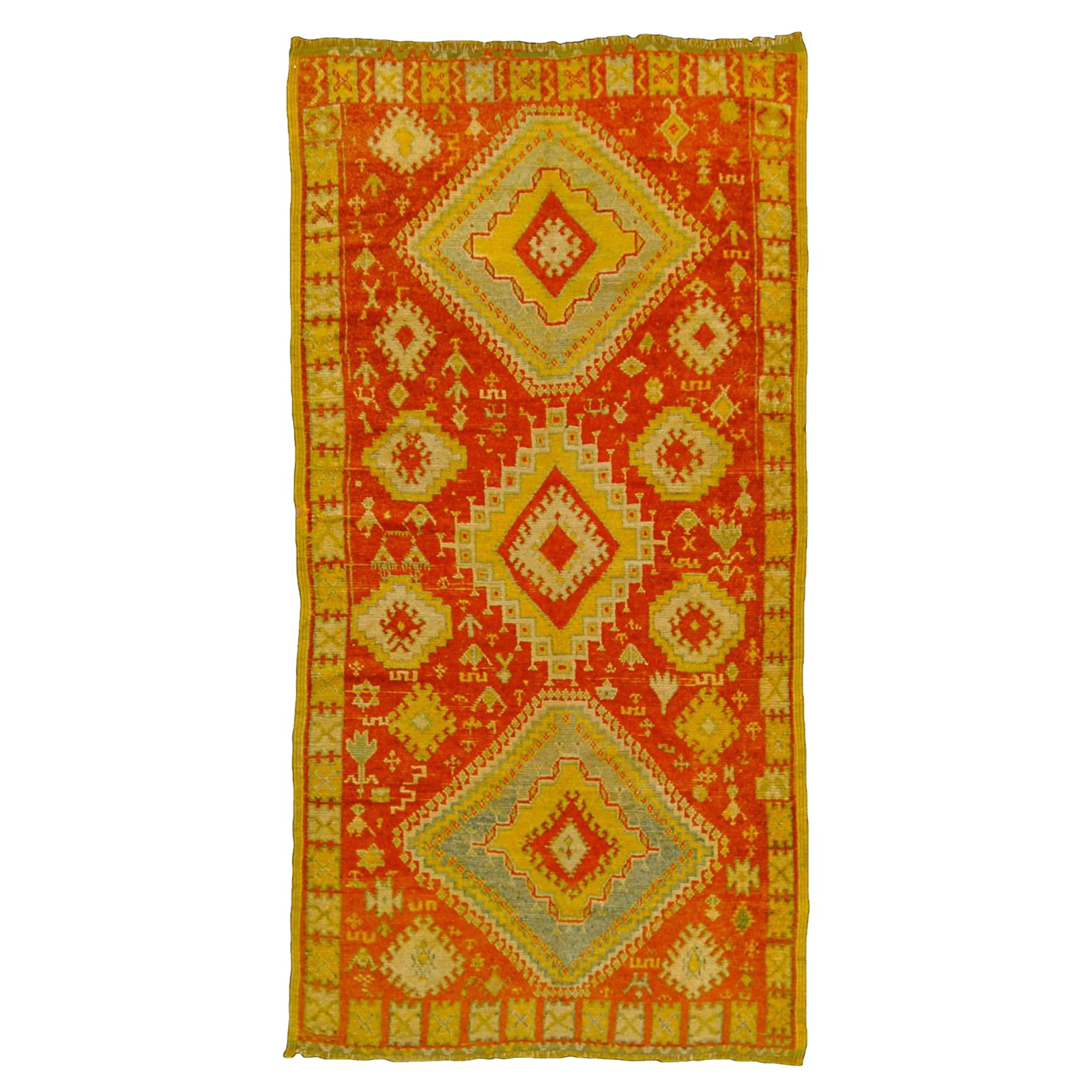 Berber carpet of old manufacture "Taznakht" red and saffron yellow field For Sale