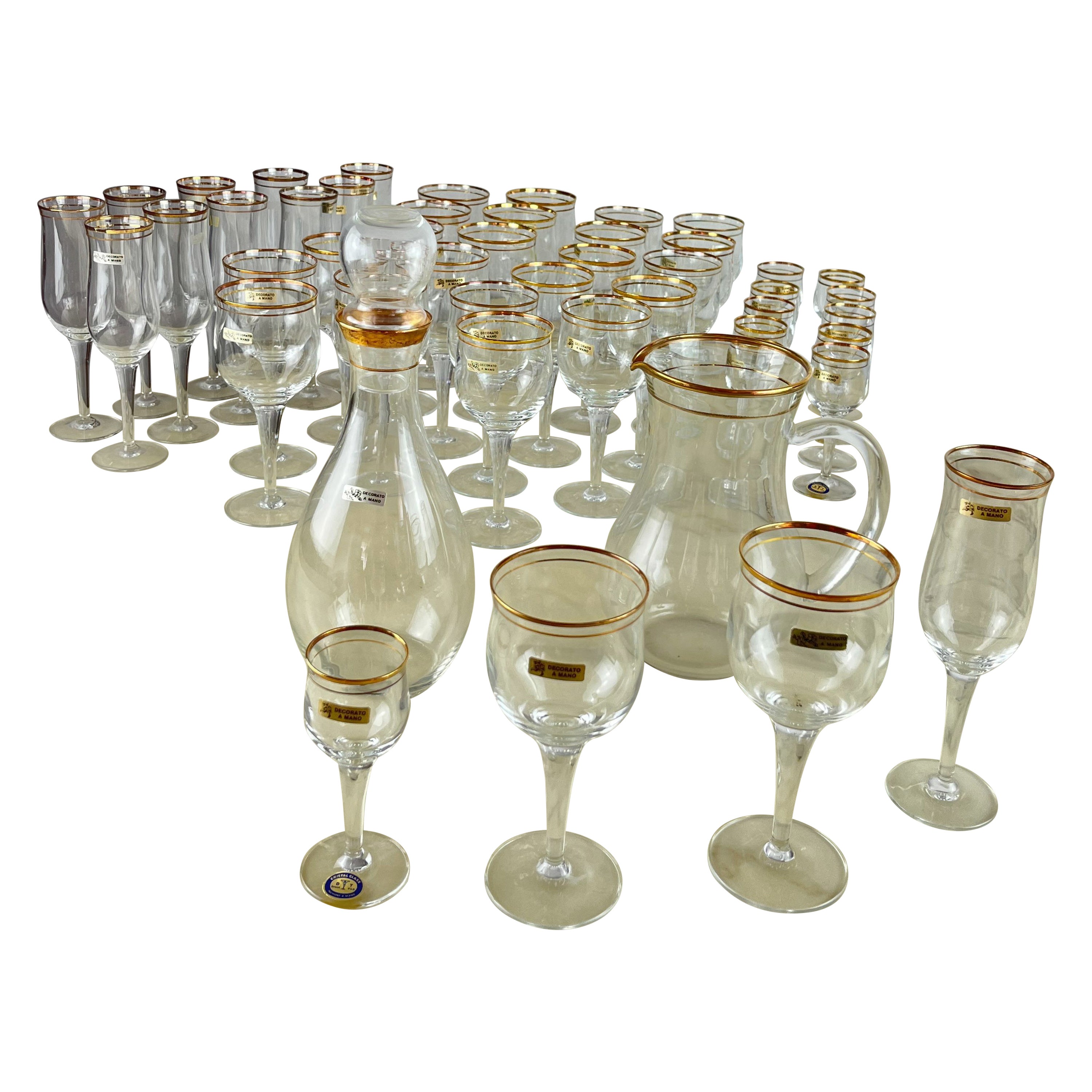 Hand-decorated crystal glass set, Italy, 1950s, 48 pieces For Sale