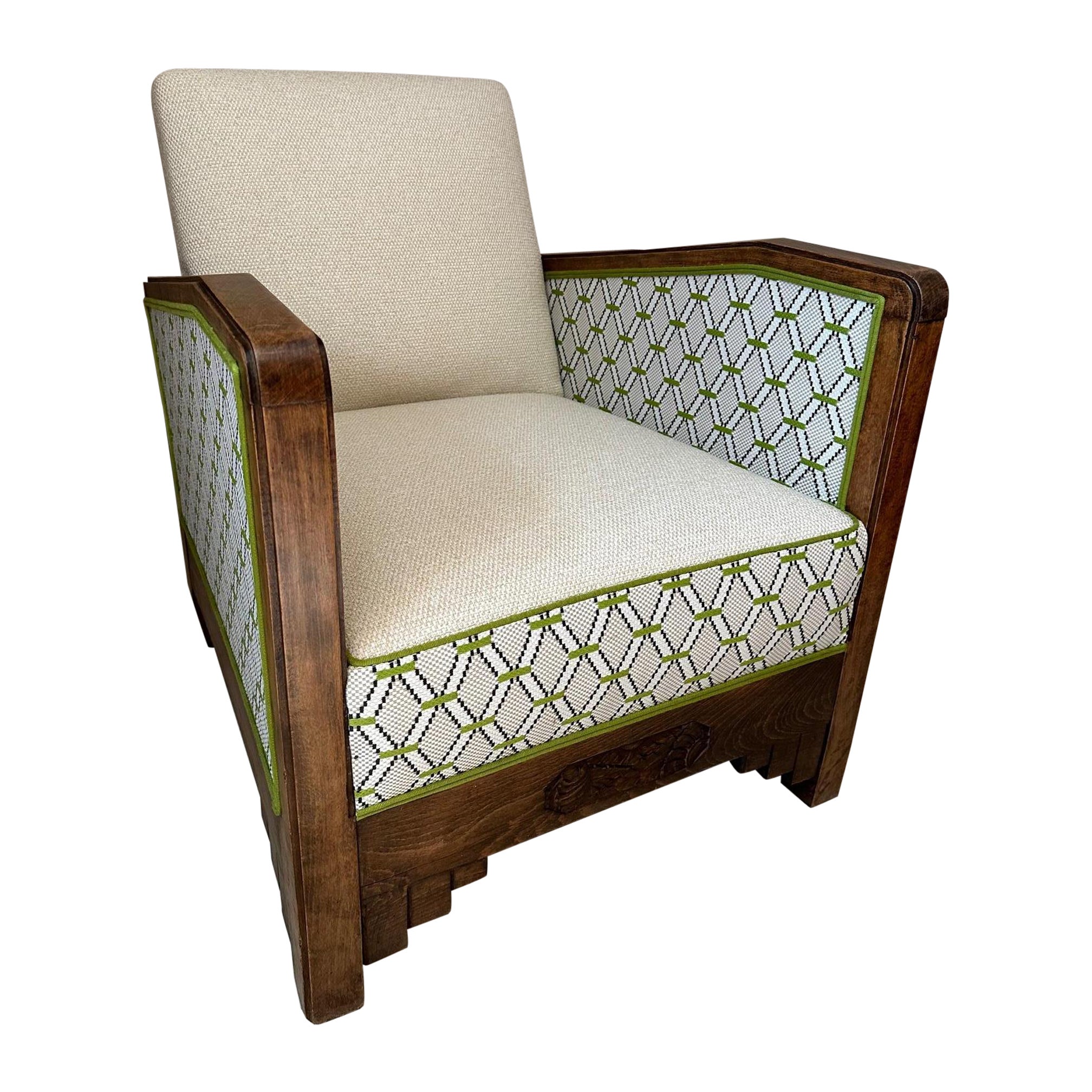 French Art deco Reupholstered Armchair with Outdoor Fabric, 1930s For Sale