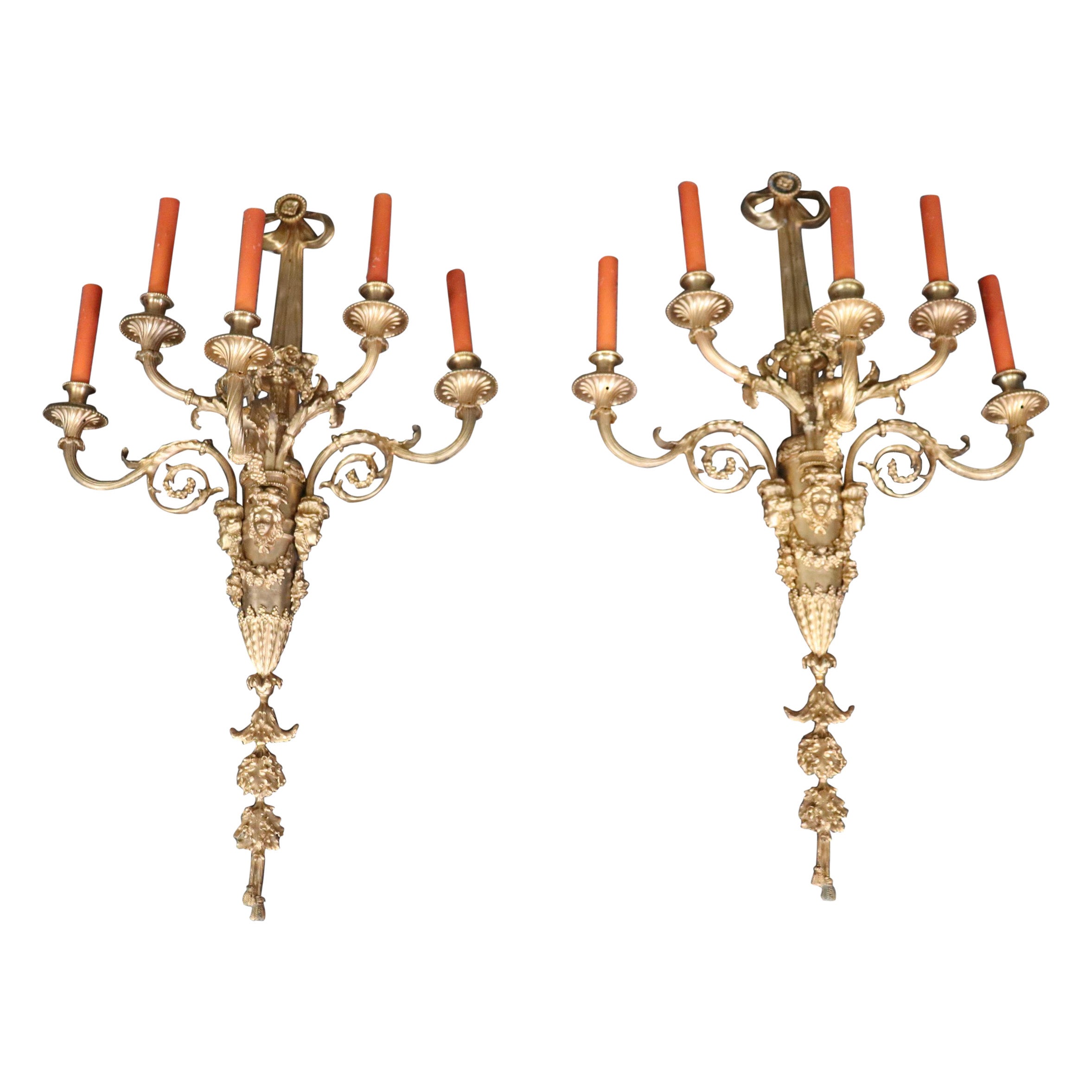 Very Large Pair French Louis XV 5 Light Electrified Bronze Figural Sconces For Sale