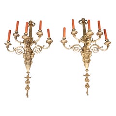 Very Large Pair French Louis XV 5 Light Electrified Bronze Figural Sconces