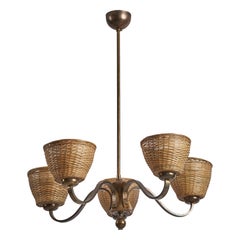 Paavo Tynell, Chandelier, Brass, Rattan, Finland, 1940s