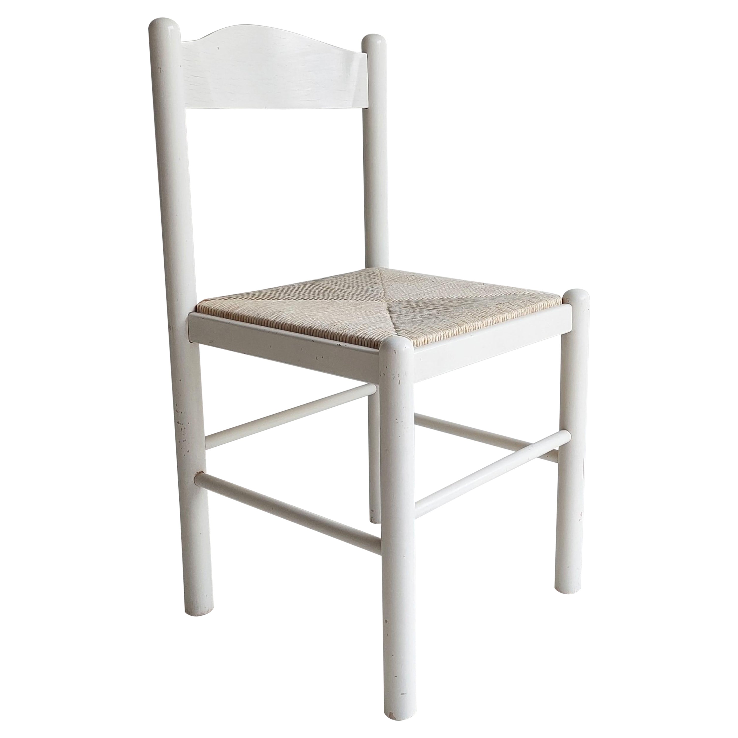 Mid Century Vico Magistretti Style  white lacquered and rush seat Dining Chair I For Sale