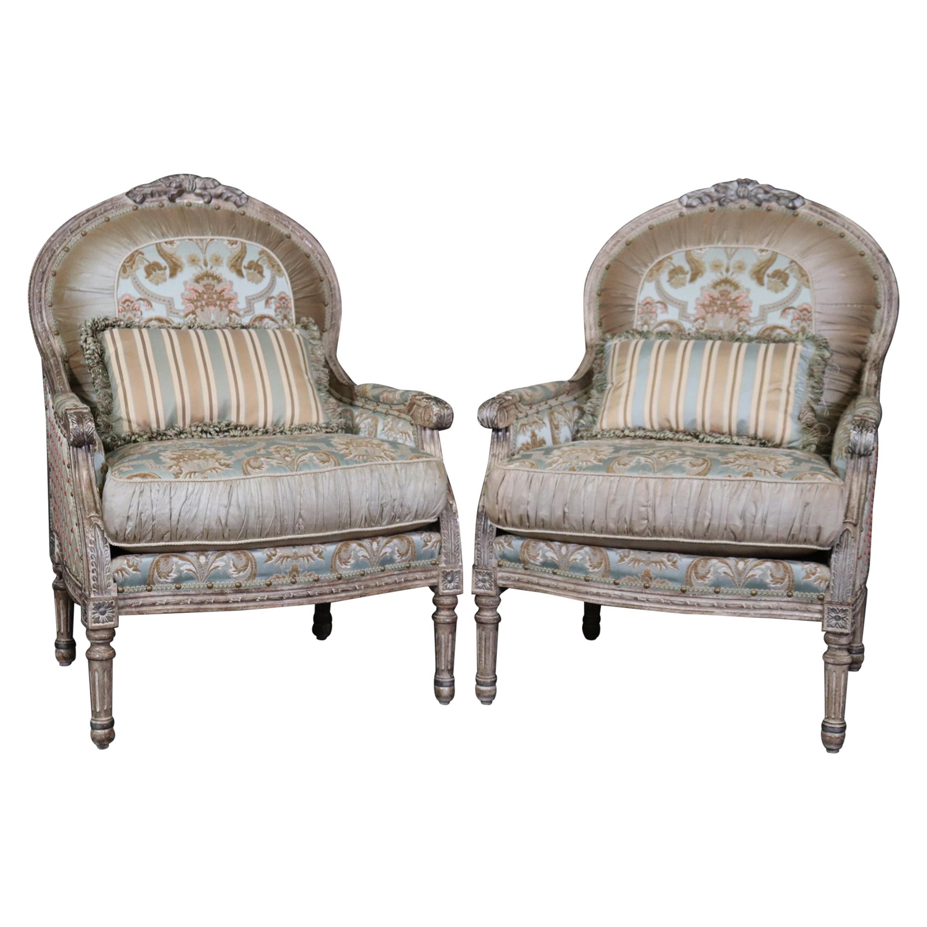 Pleated Carved French Louis XVI Bergere Chairs Pair Creme Paint Decorated  