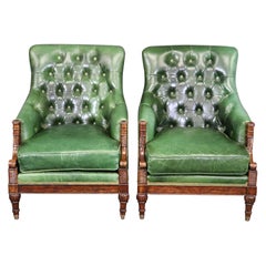 Fantastic Pair of Green Tufted Leather Theodore Alexander Club Chairs 