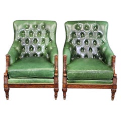 Fantastic Pair of Green Tufted Leather Theodore Alexander Club Chairs