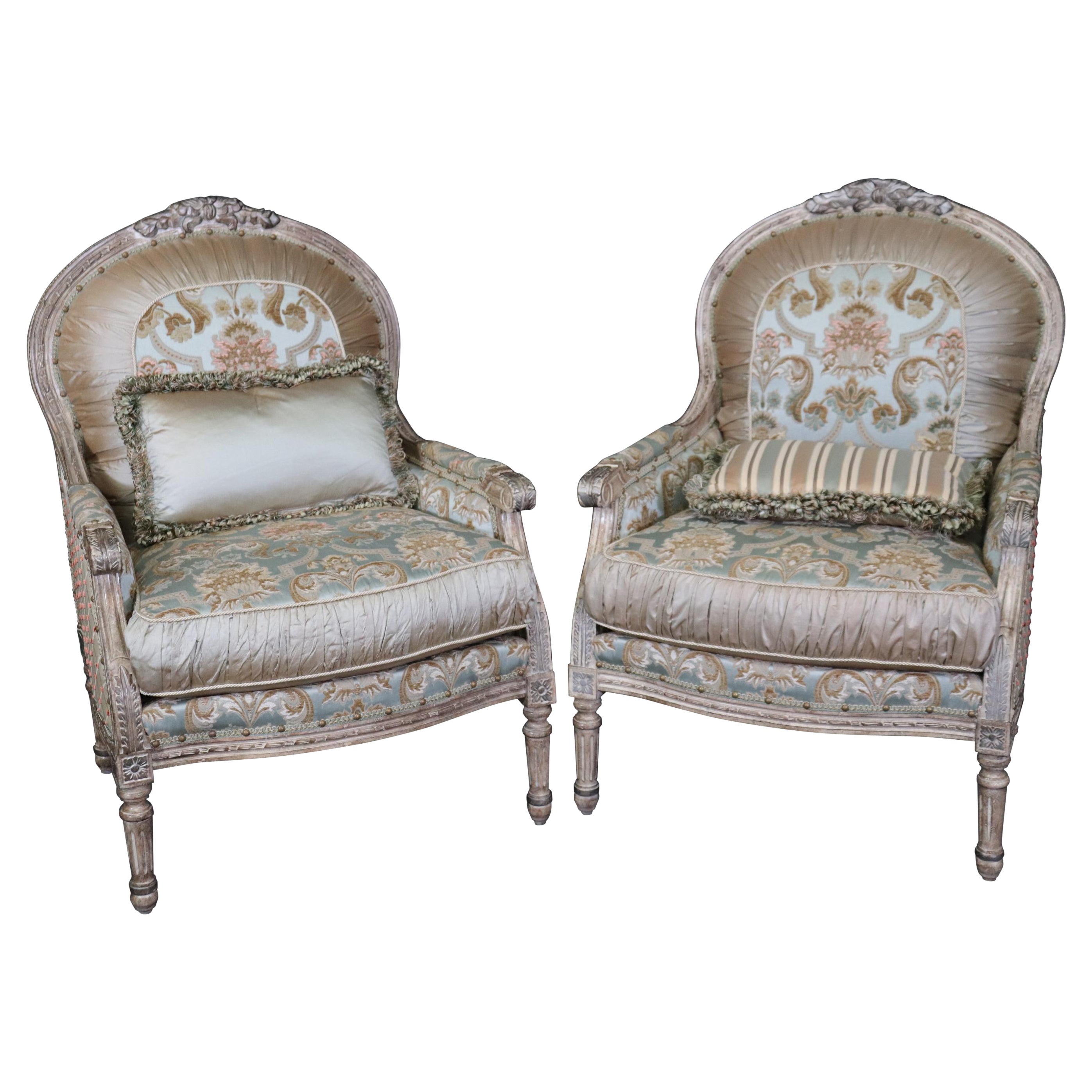 Pair Creme Paint Decorated Pleated Carved French Louis XVI Bergere Chairs 
