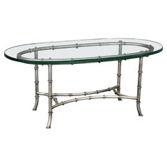 Gorgeous Oval Steel and Glass Maison Bagues Style Faux Bamboo Coffee Table