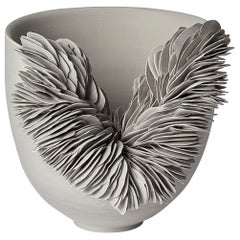 Light Grey Collapsed Bowl, textured organic porcelain vessel by Olivia Walker