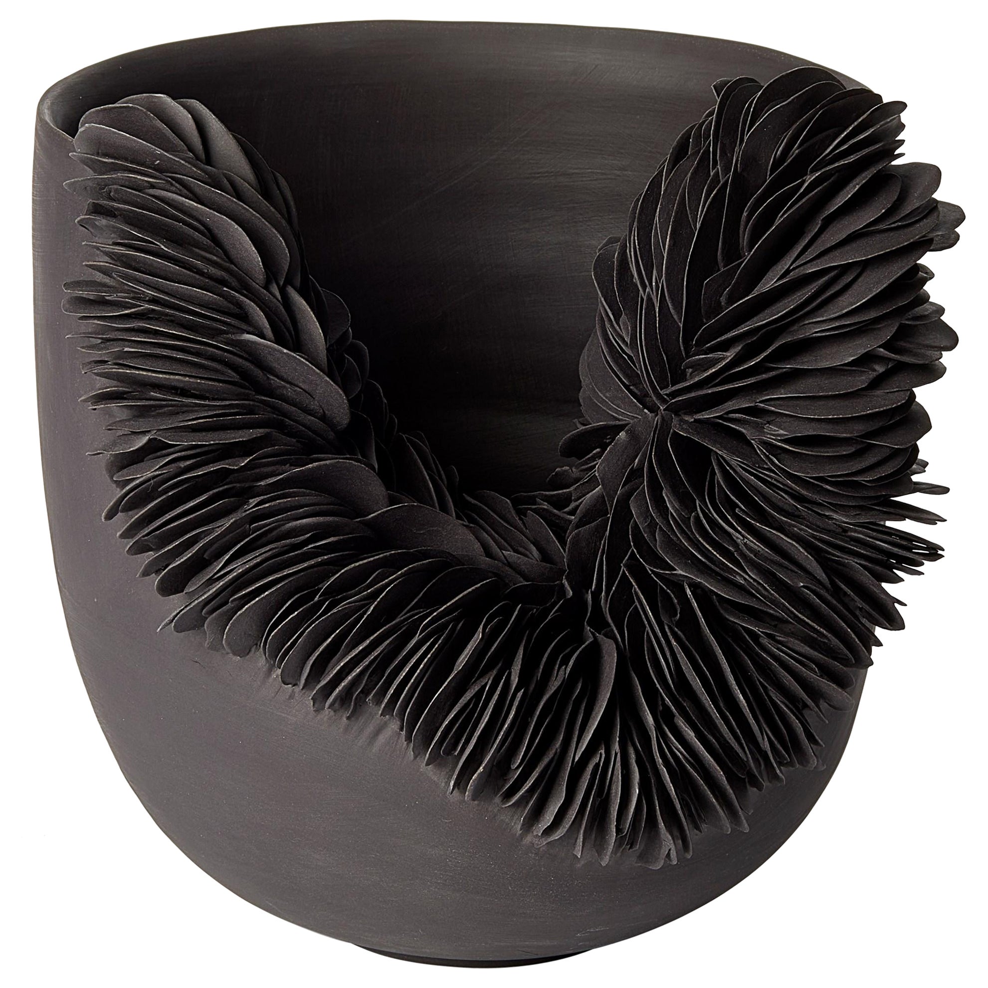 Black Collapsed Bowl, textured porcelain sculptural vessel by Olivia Walker For Sale