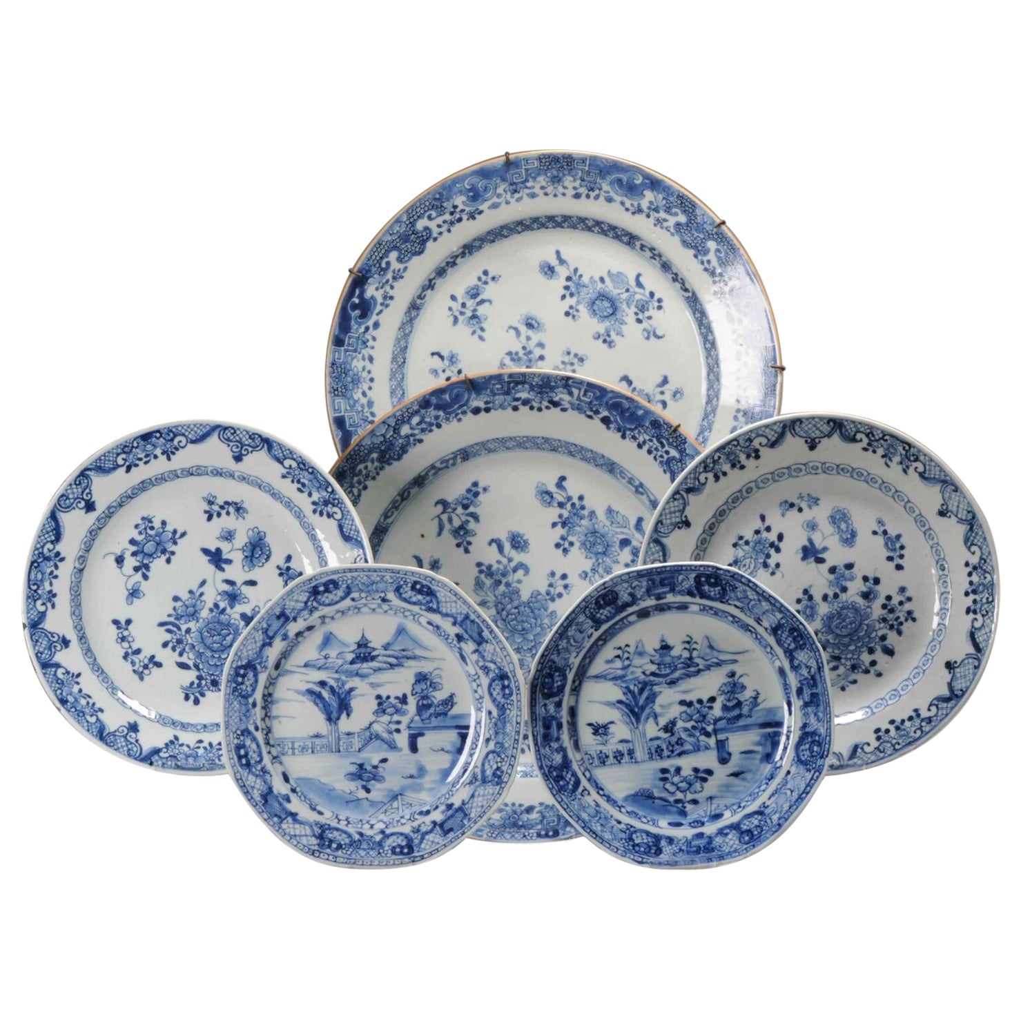 Juego de 6 Platos Antiguos de Porcelana China Azul Blanca de Yongzheng/Qianlong