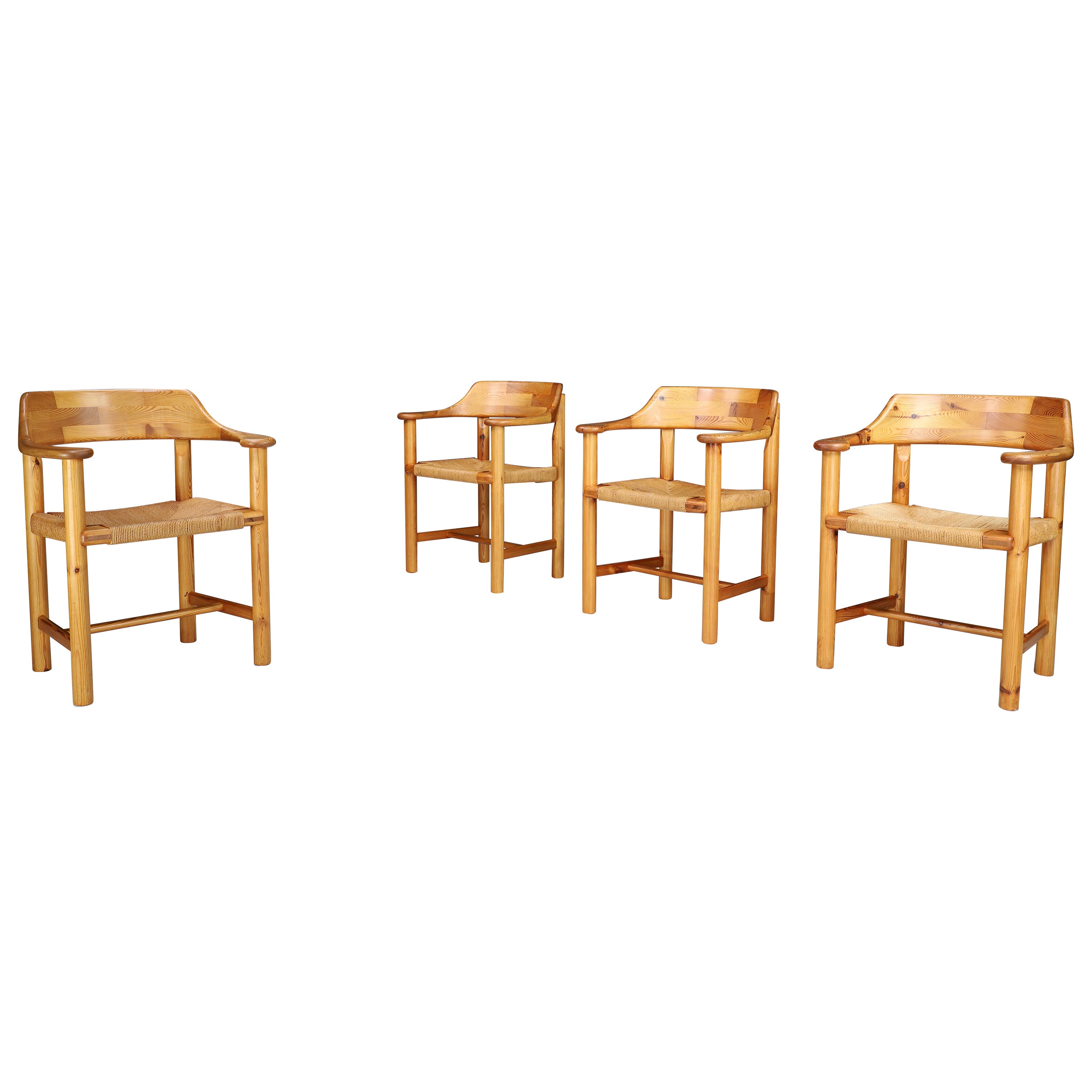 Rainer Daumiller Set of Four Dining Chairs in Solid Pine and cord Seating Sweden For Sale