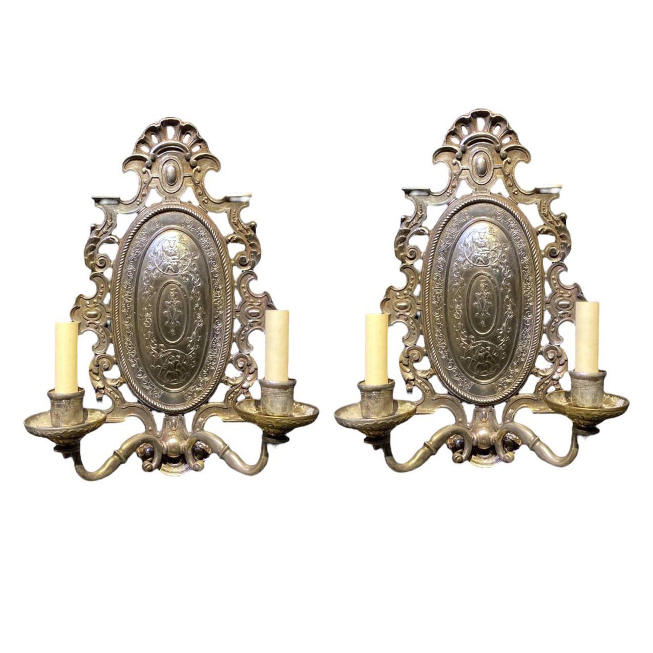 1900’s Caldwell Silver Plated Engraved Sconces For Sale