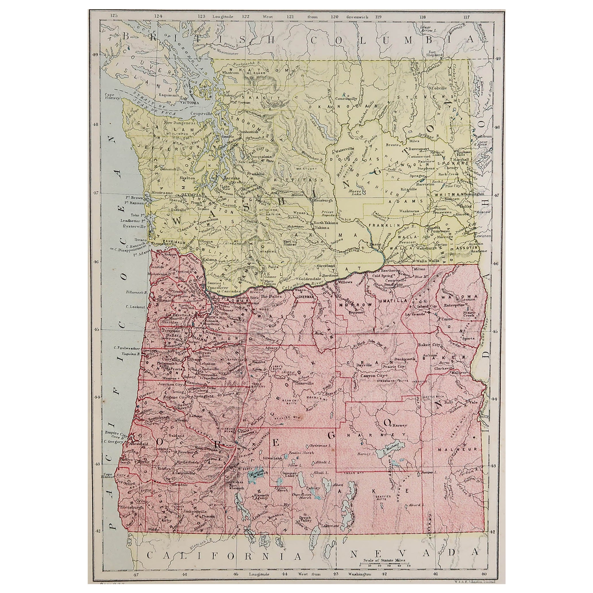 Mapa original antiguo del estado norteamericano de Oregón, 1889