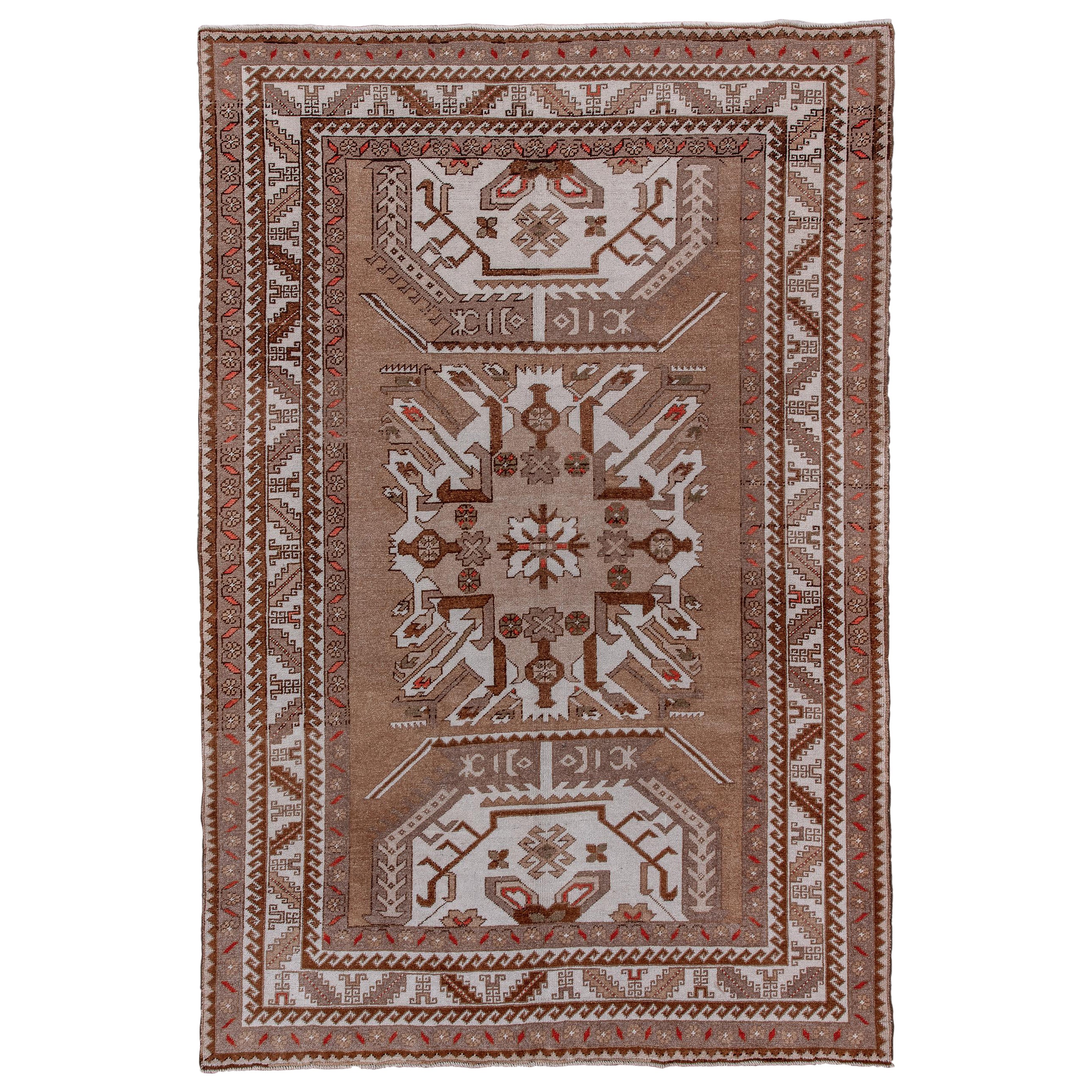 Vintage Kars Rug with Coral Ground and Cream Border For Sale
