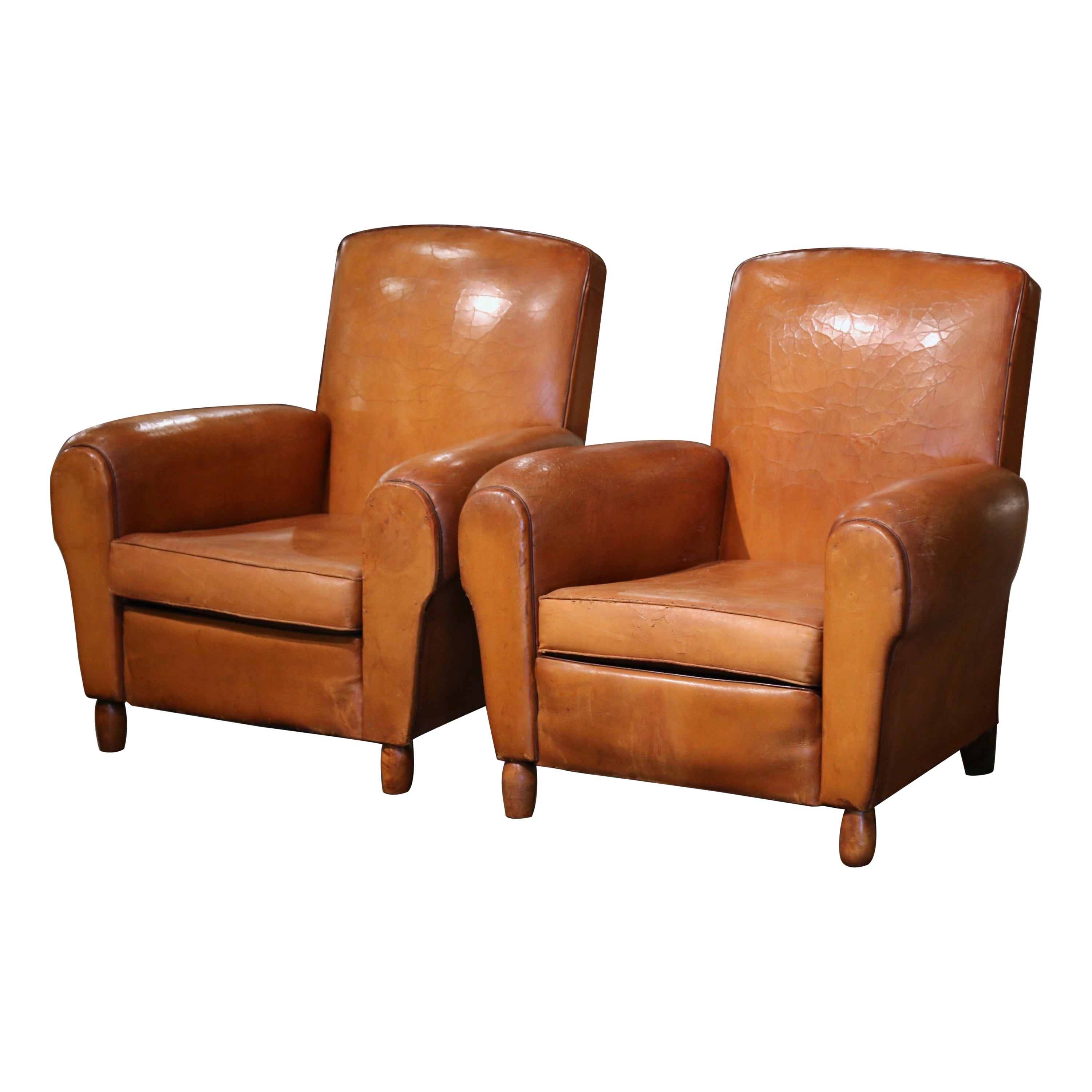 Pair of Early 20th Century French Club Armchairs with Original Tan Leather