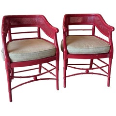 Pair of Retro Baker Faux Bamboo Cane Occasional Barrel Arm Chairs 