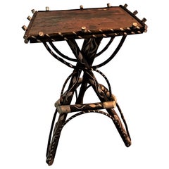 Rustic Adirondack Twig Branch Stand Cabin Side Table Silver Painted Vines