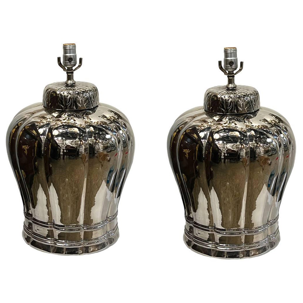 Pair of 1940s Silver Porcelain Table Lamps