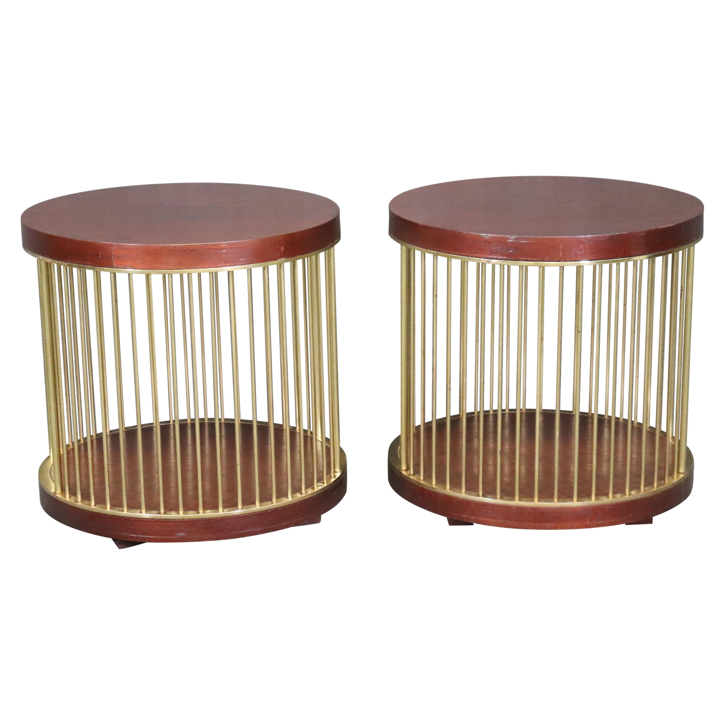 Pair Mid Century Modern Round Mahogany and Brass Paul McCobb Style End Tables 