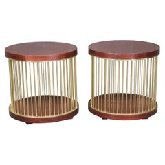Pair Mid Century Modern Round Mahogany and Brass Paul McCobb Style End Tables 