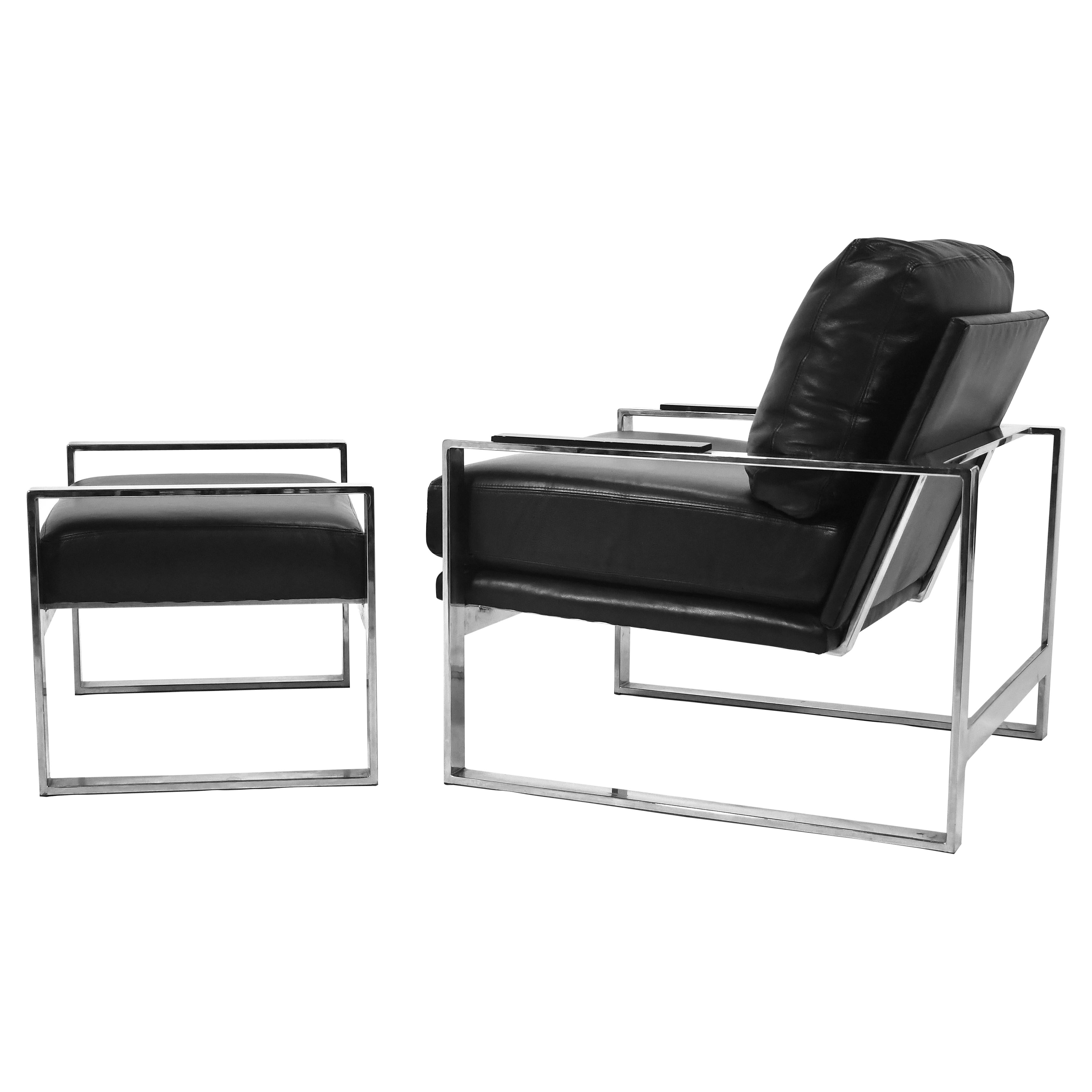Chrome Frame Lounge Chair & Ottoman in the Manner of Milo Baughman For Sale