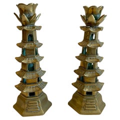 Pair of  Brass Pagoda Form Candlesticks 